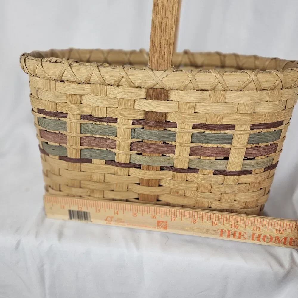 Vtg Hand Woven Splint Oak Gathering Basket Bentwood Handle Primitive Farmhouse